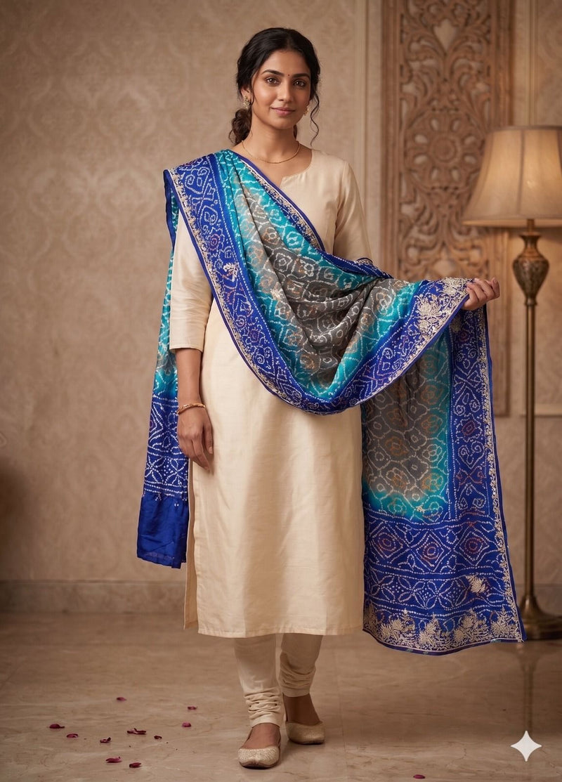 Sanskriti Vintage Blue Pure Silk Dupatta/Stole Hand Embroidered Zardozi Bandhani