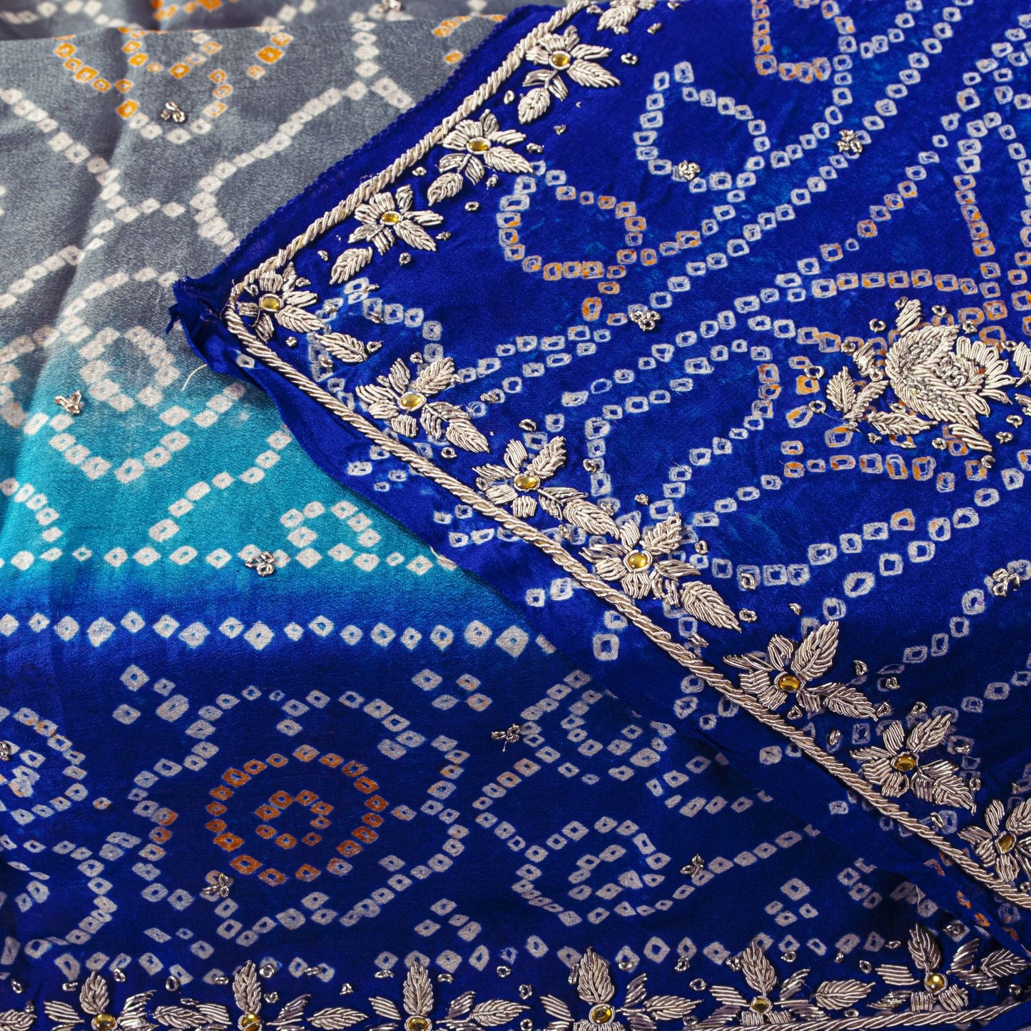 Sanskriti Vintage Blue Pure Silk Dupatta/Stole Hand Embroidered Zardozi Bandhani