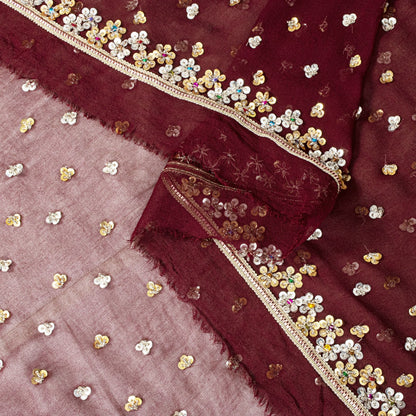 Sanskriti Vintage Brown Pure Georgette Dupatta/Stole Hand Beaded-Sequins Veil