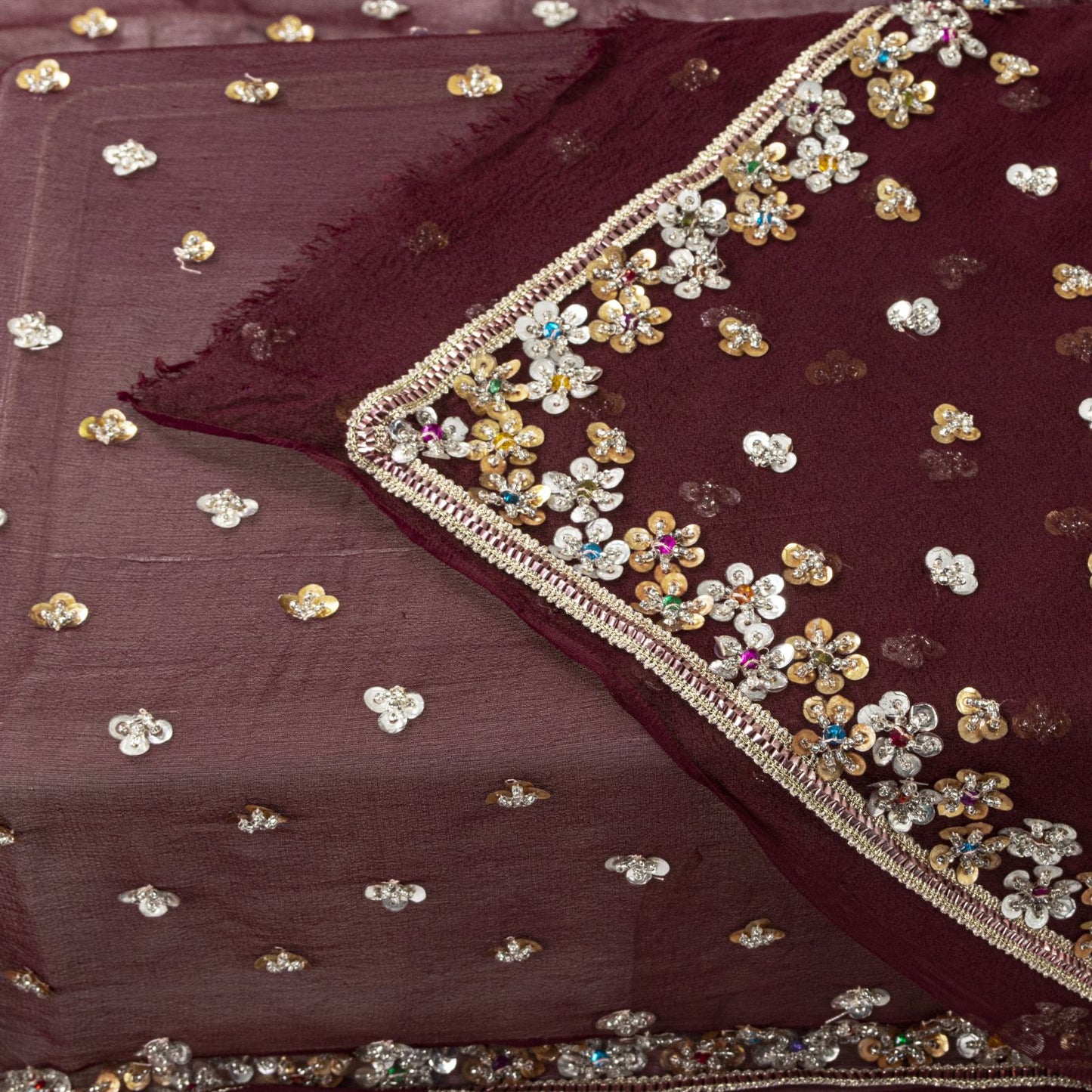 Sanskriti Vintage Brown Pure Georgette Dupatta/Stole Hand Beaded-Sequins Veil