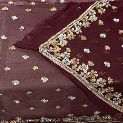 Sanskriti Vintage Brown Pure Georgette Dupatta/Stole Hand Beaded-Sequins Veil