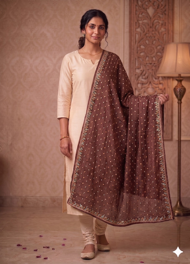 Sanskriti Vintage Brown Pure Georgette Dupatta/Stole Hand Beaded-Sequins Veil
