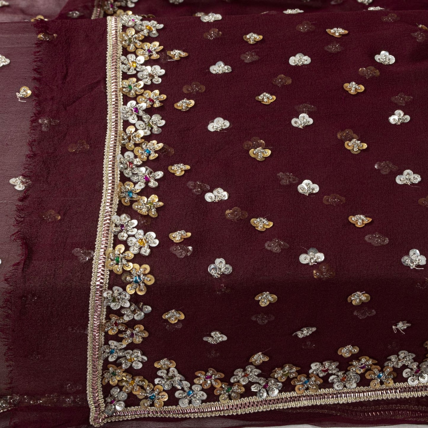 Sanskriti Vintage Brown Pure Georgette Dupatta/Stole Hand Beaded-Sequins Veil