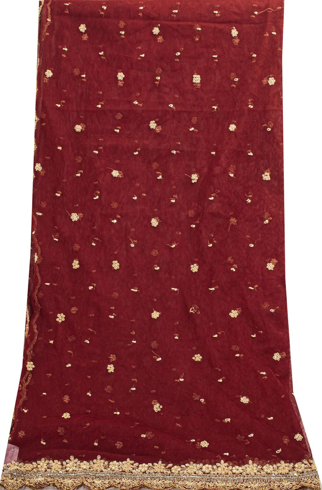 Sanskriti Vintage Red Net Mesh Dupatta/Stole Hand Embroidered Zari Zardozi Veil