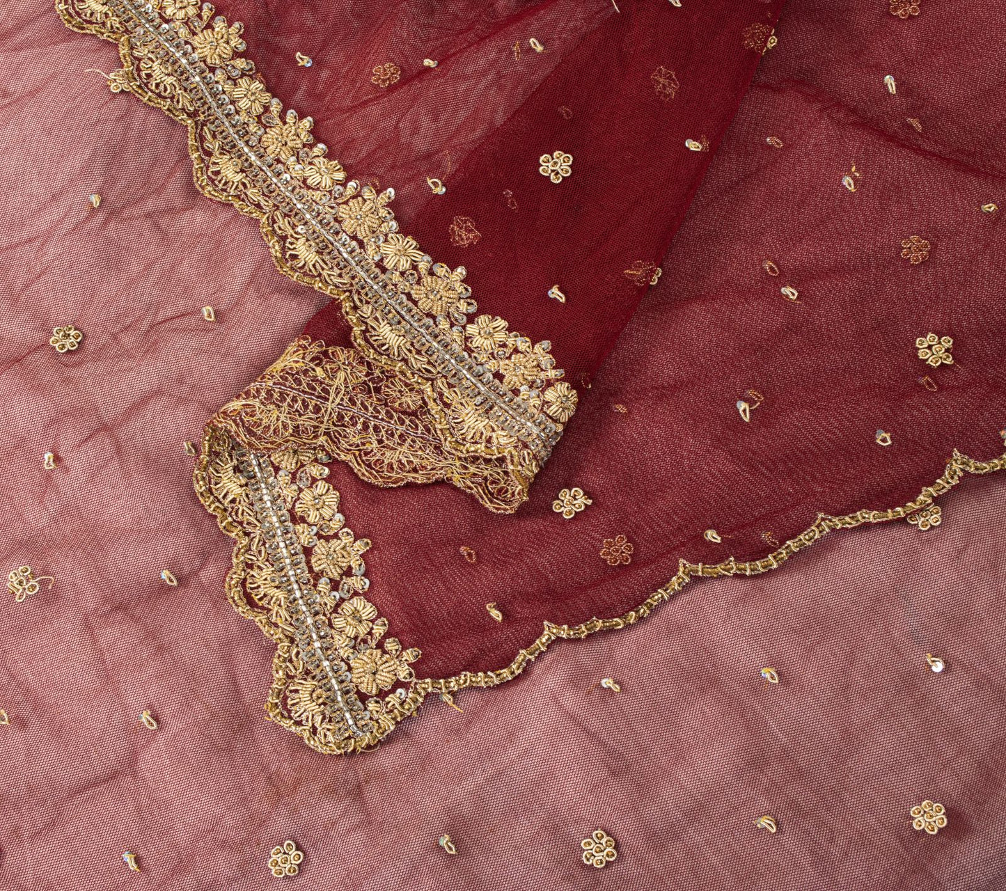 Sanskriti Vintage Red Net Mesh Dupatta/Stole Hand Embroidered Zari Zardozi Veil