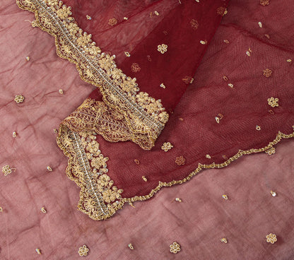 Sanskriti Vintage Red Net Mesh Dupatta/Stole Hand Embroidered Zari Zardozi Veil
