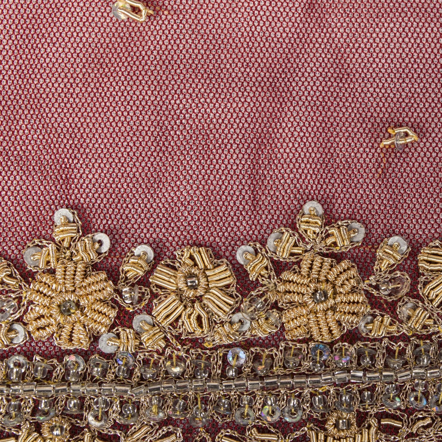 Sanskriti Vintage Red Net Mesh Dupatta/Stole Hand Embroidered Zari Zardozi Veil