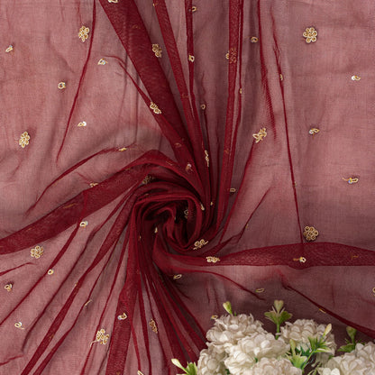 Sanskriti Vintage Red Net Mesh Dupatta/Stole Hand Embroidered Zari Zardozi Veil