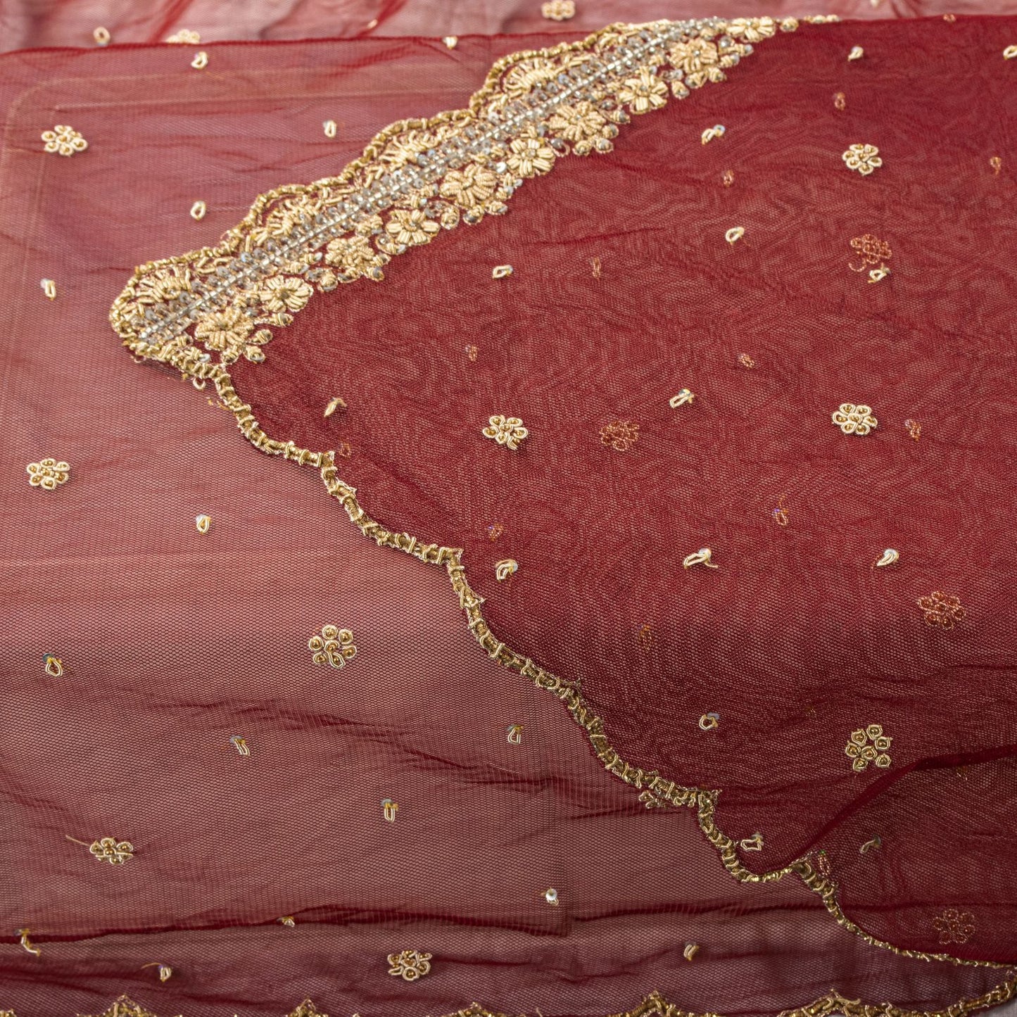 Sanskriti Vintage Red Net Mesh Dupatta/Stole Hand Embroidered Zari Zardozi Veil