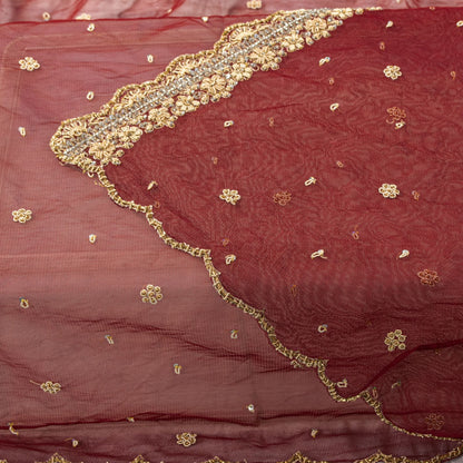 Sanskriti Vintage Red Net Mesh Dupatta/Stole Hand Embroidered Zari Zardozi Veil
