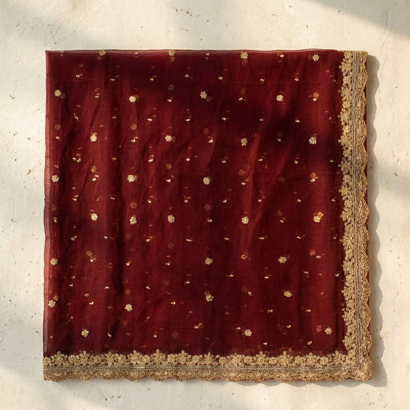 Sanskriti Vintage Red Net Mesh Dupatta/Stole Hand Embroidered Zari Zardozi Veil