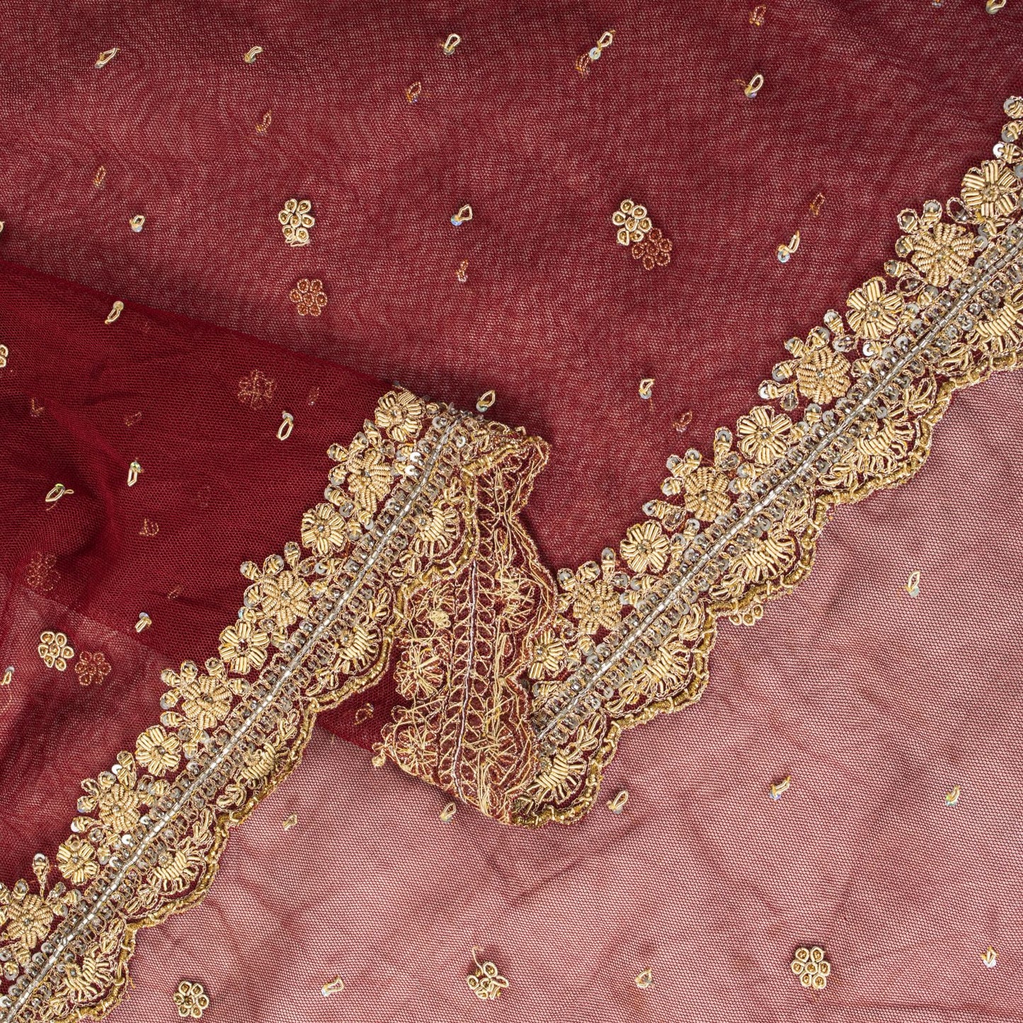 Sanskriti Vintage Red Net Mesh Dupatta/Stole Hand Embroidered Zari Zardozi Veil