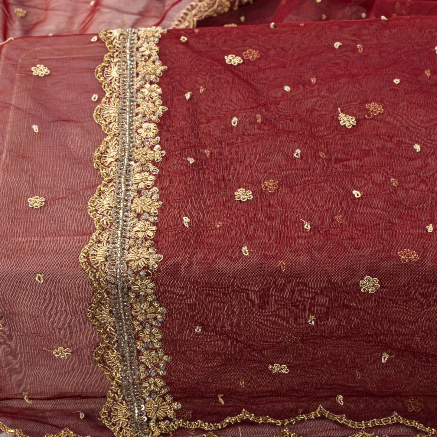 Sanskriti Vintage Red Net Mesh Dupatta/Stole Hand Embroidered Zari Zardozi Veil