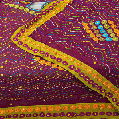 Sanskriti Vintage Purple Georgette Dupatta/Stole Hand Embroidered Kantha Stone