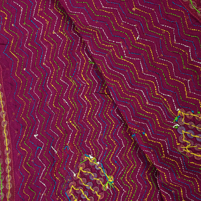 Sanskriti Vintage Purple Georgette Dupatta/Stole Hand Embroidered Kantha Stone