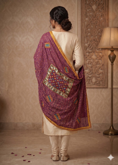 Sanskriti Vintage Purple Georgette Dupatta/Stole Hand Embroidered Kantha Stone