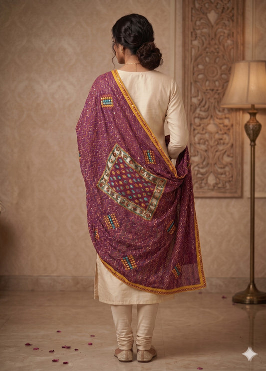 Sanskriti Vintage Purple Georgette Dupatta/Stole Hand Embroidered Kantha Stone