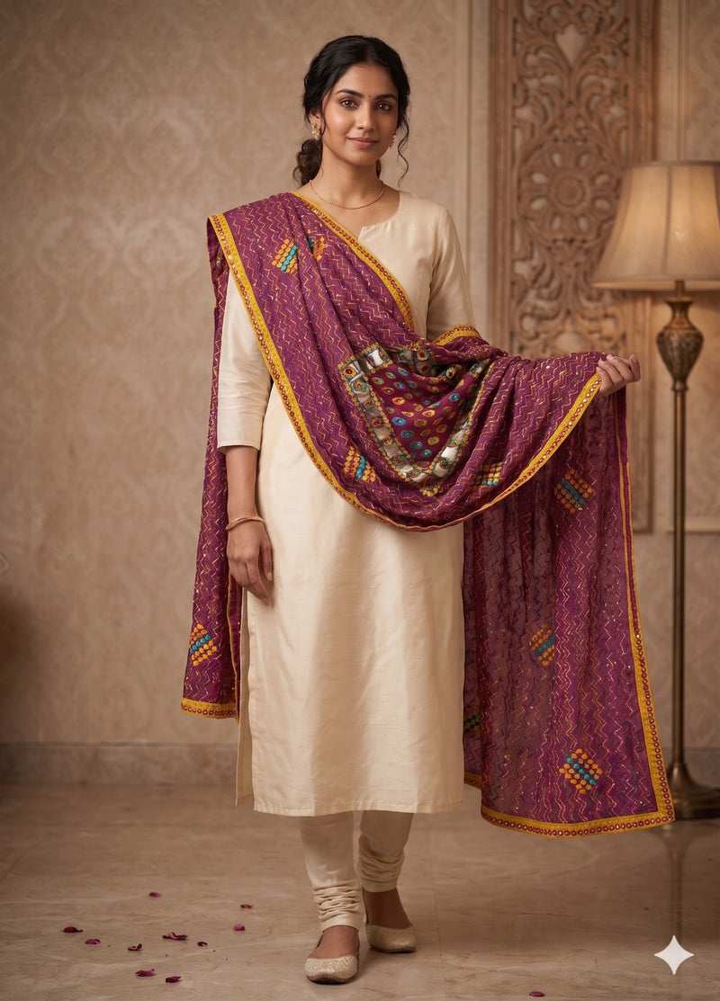 Sanskriti Vintage Purple Georgette Dupatta/Stole Hand Embroidered Kantha Stone
