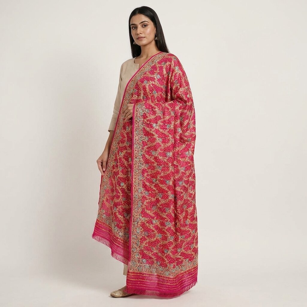 Sanskriti Vintage Pink Pure Silk Dupatta/Stole Brocade Zari Hand Woven-Bead Veil
