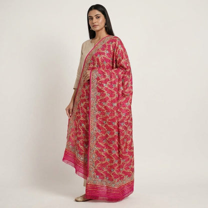 Sanskriti Vintage Pink Pure Silk Dupatta/Stole Brocade Zari Hand Woven-Bead Veil