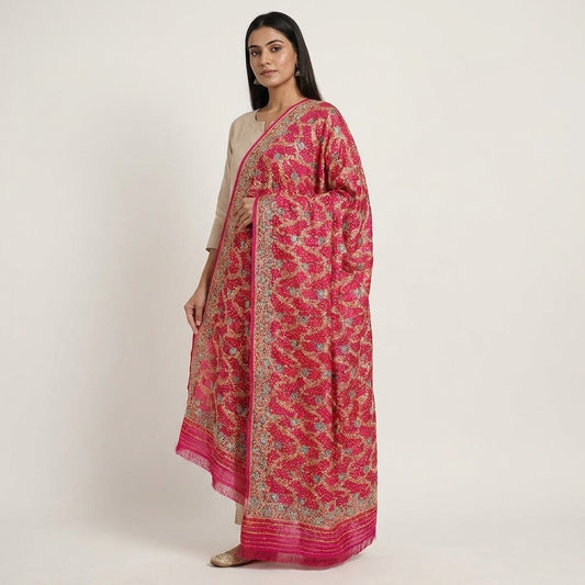 Sanskriti Vintage Pink Pure Silk Dupatta/Stole Brocade Zari Hand Woven-Bead Veil