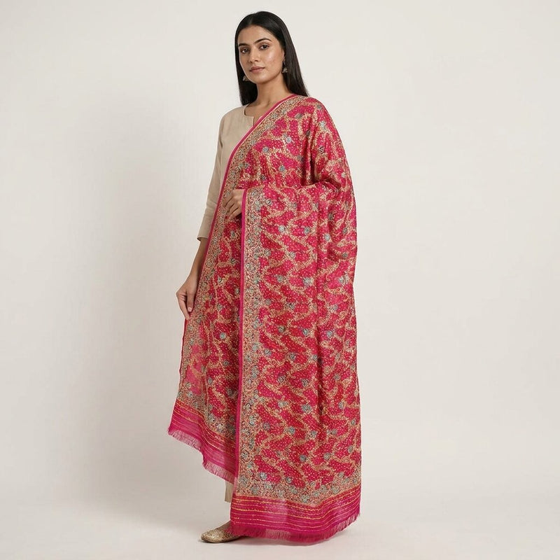 Sanskriti Vintage Pink Pure Silk Dupatta/Stole Brocade Zari Hand Woven-Bead Veil
