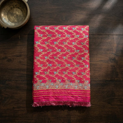 Sanskriti Vintage Pink Pure Silk Dupatta/Stole Brocade Zari Hand Woven-Bead Veil