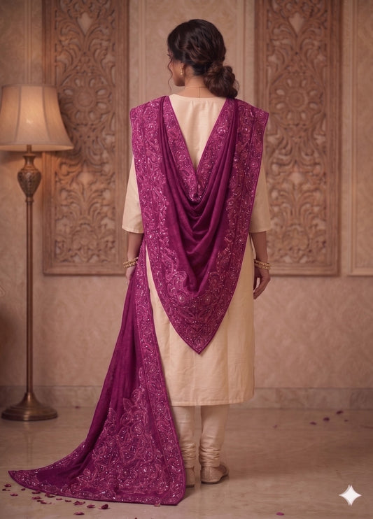 Sanskriti Vintage Magenta Pure Silk Dupatta Heavy Embroidery Floral Beaded Stole