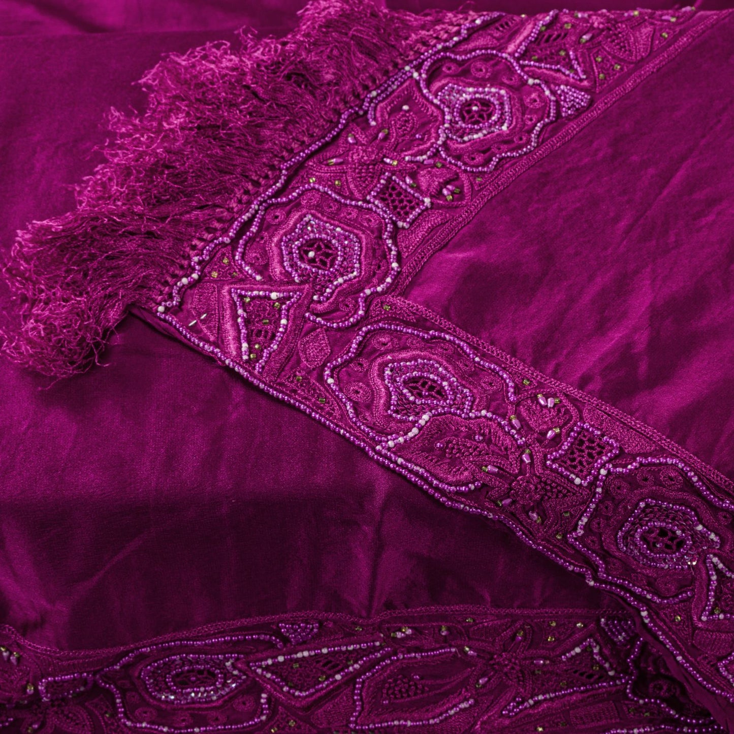 Sanskriti Vintage Magenta Pure Silk Dupatta Heavy Embroidery Floral Beaded Stole