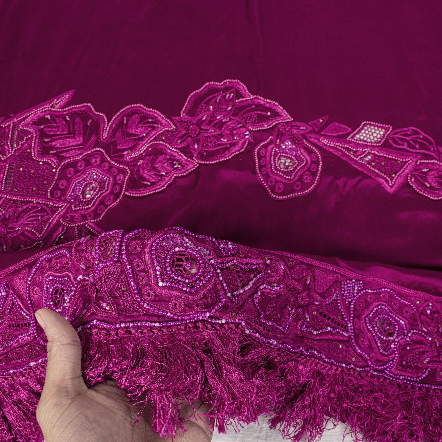 Sanskriti Vintage Magenta Pure Silk Dupatta Heavy Embroidery Floral Beaded Stole