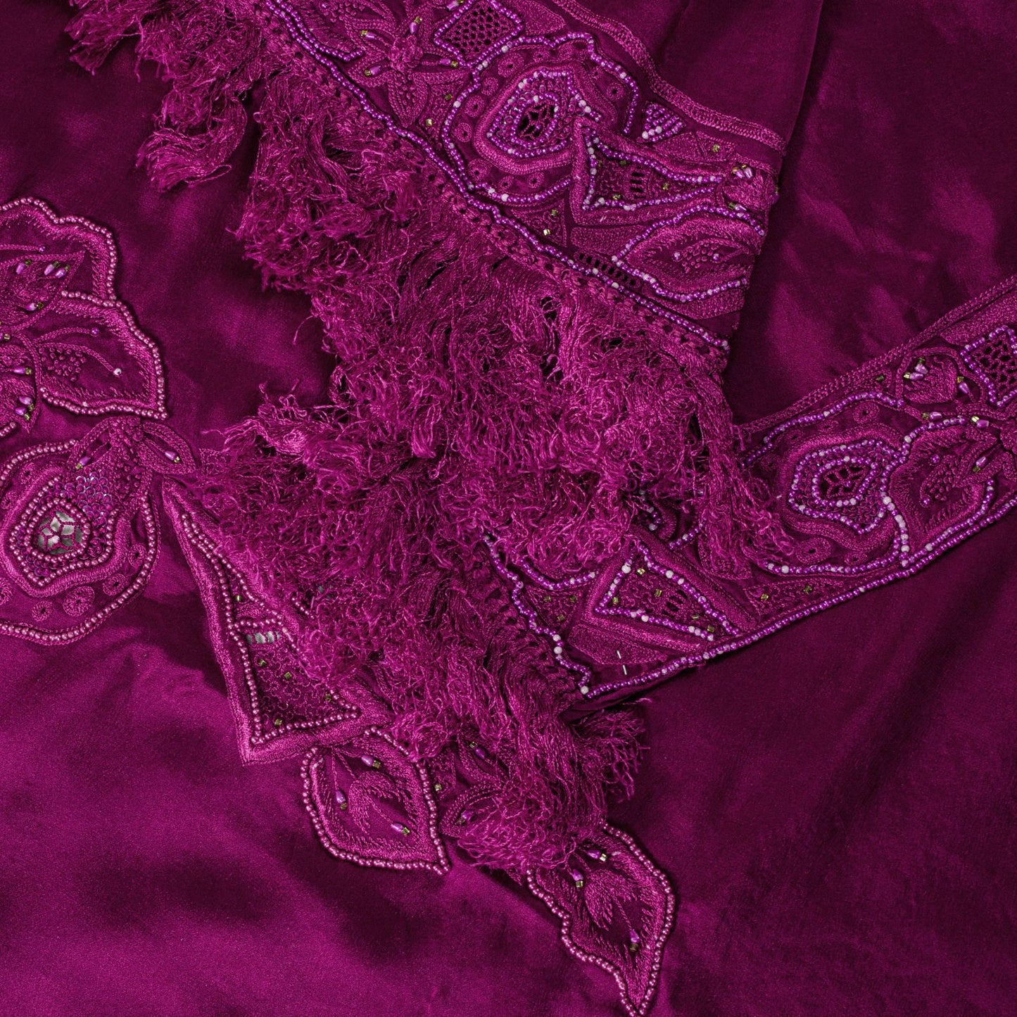 Sanskriti Vintage Magenta Pure Silk Dupatta Heavy Embroidery Floral Beaded Stole