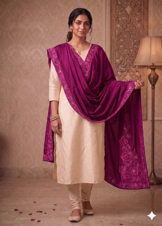 Sanskriti Vintage Magenta Pure Silk Dupatta Heavy Embroidery Floral Beaded Stole