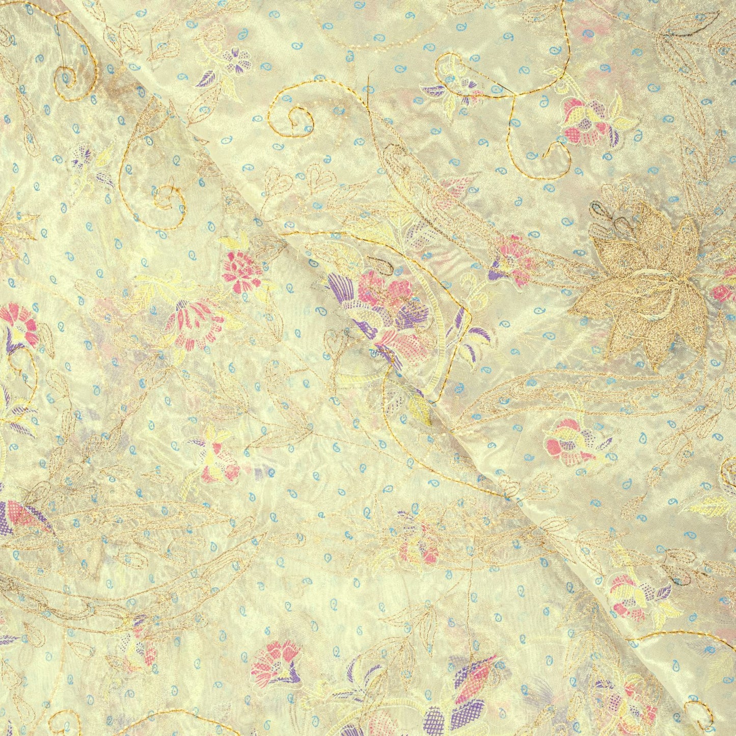 Sanskriti Vintage Cream Silk Organza Dupatta Floral Zari Embroidered Bead Stole