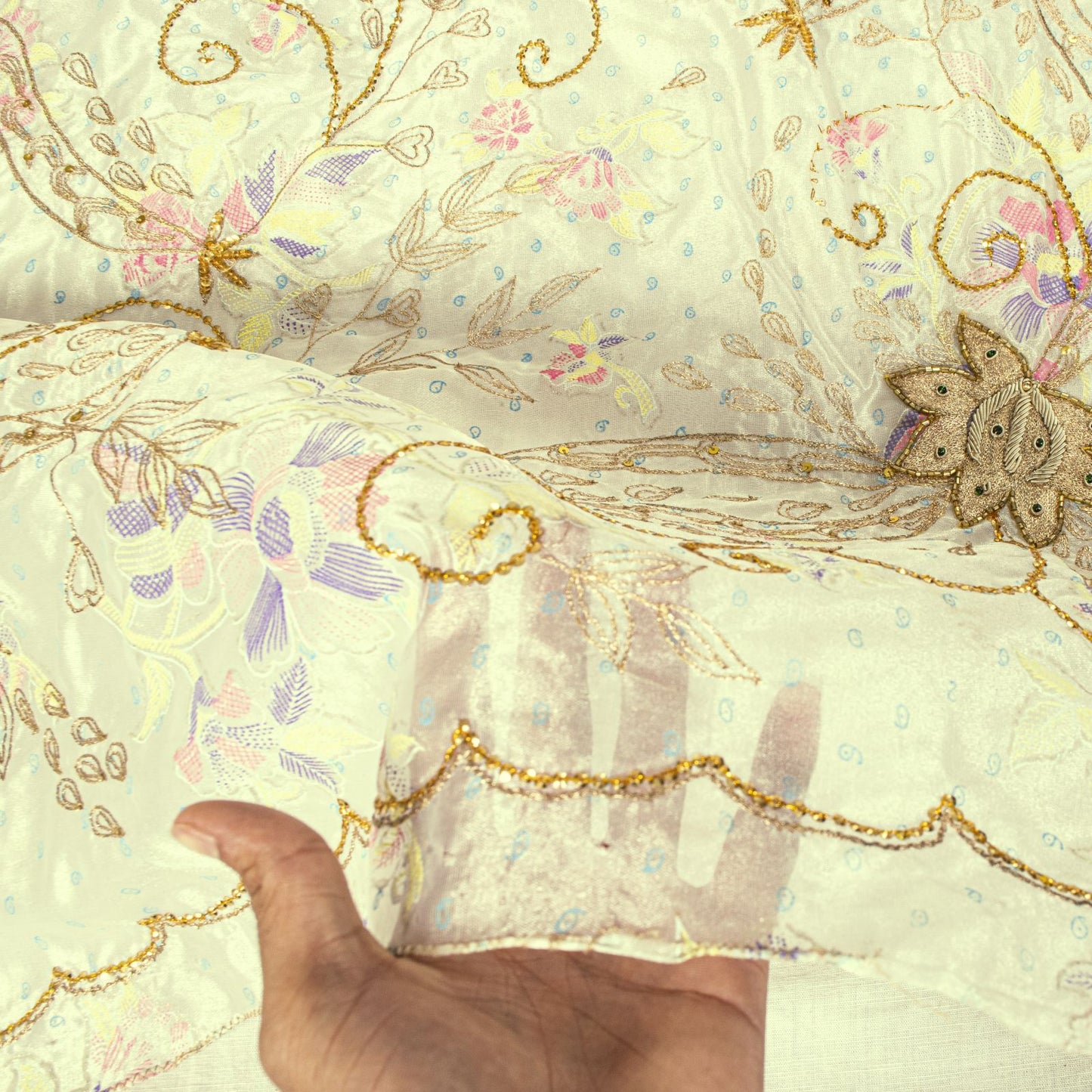 Sanskriti Vintage Cream Silk Organza Dupatta Floral Zari Embroidered Bead Stole