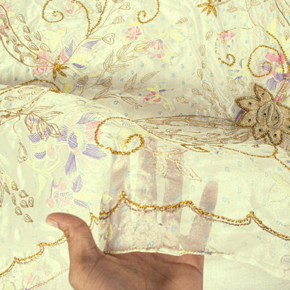 Sanskriti Vintage Cream Silk Organza Dupatta Floral Zari Embroidered Bead Stole