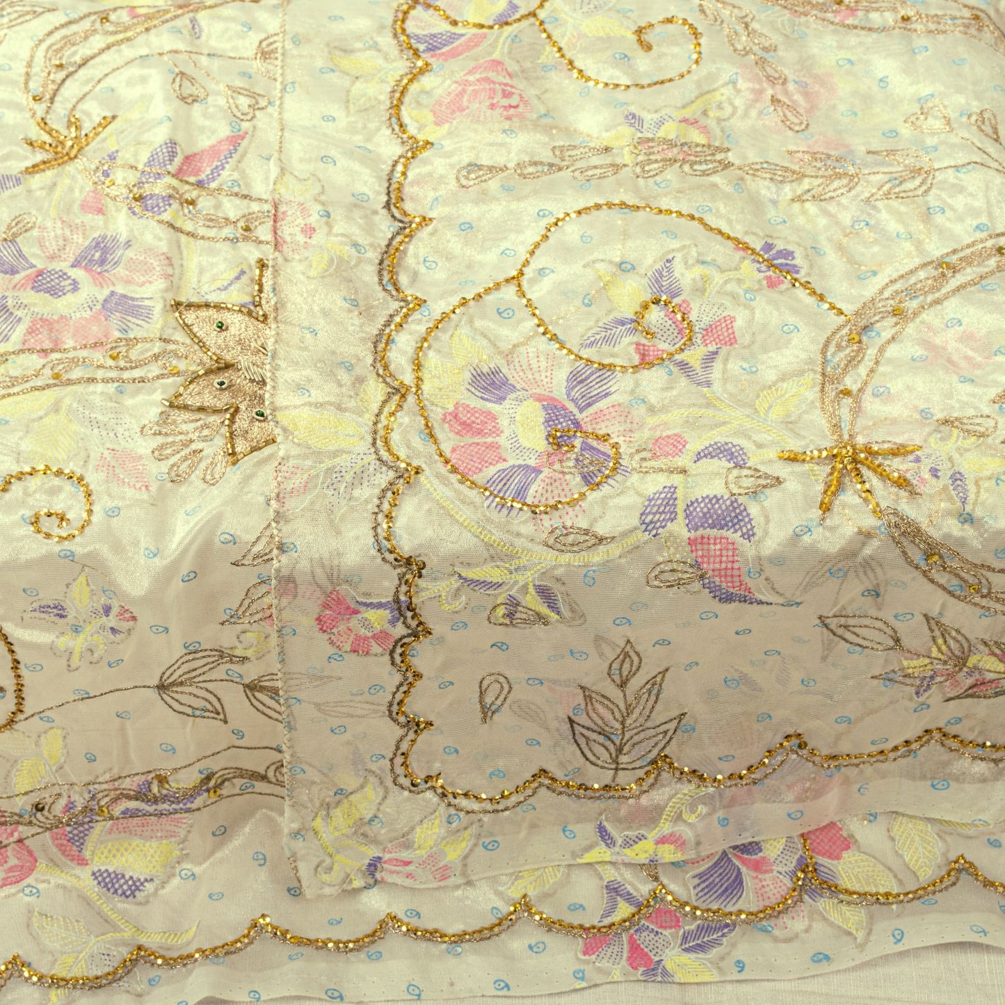 Sanskriti Vintage Cream Silk Organza Dupatta Floral Zari Embroidered Bead Stole