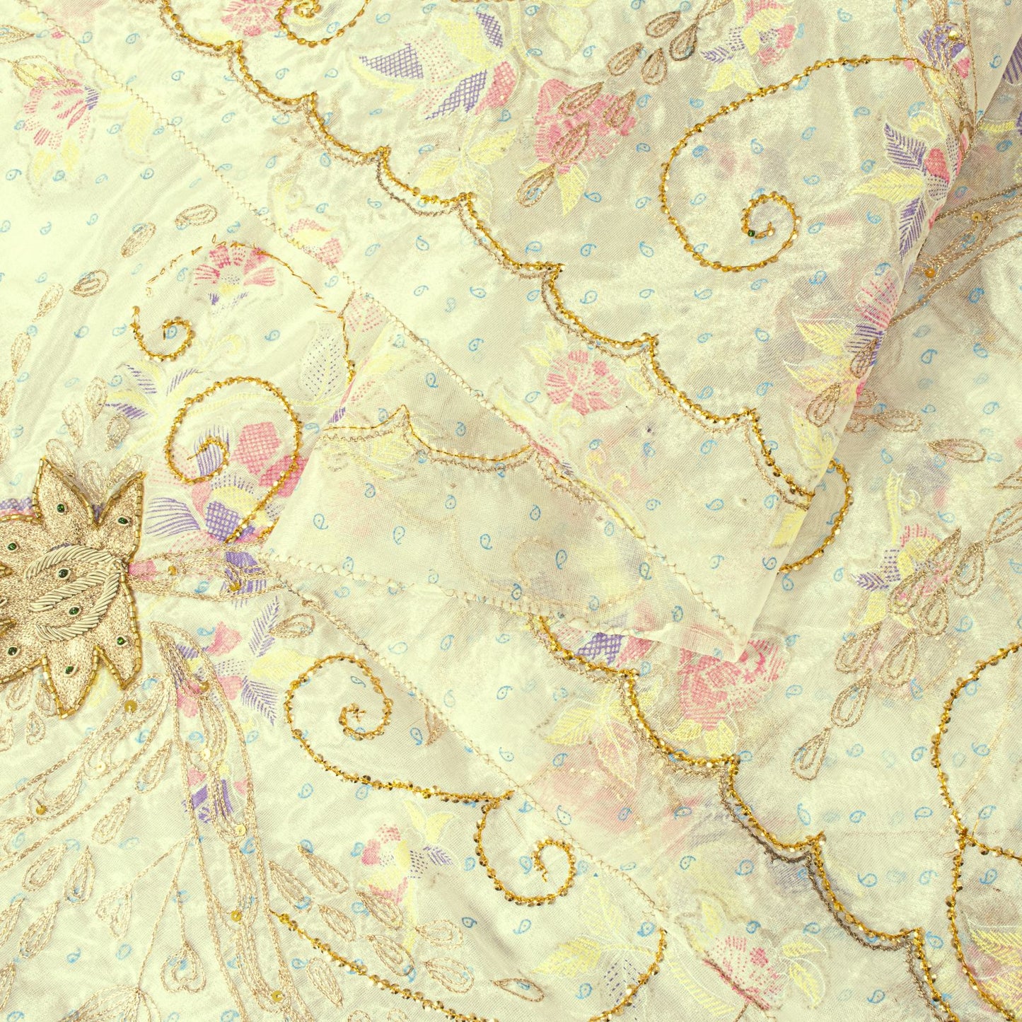 Sanskriti Vintage Cream Silk Organza Dupatta Floral Zari Embroidered Bead Stole