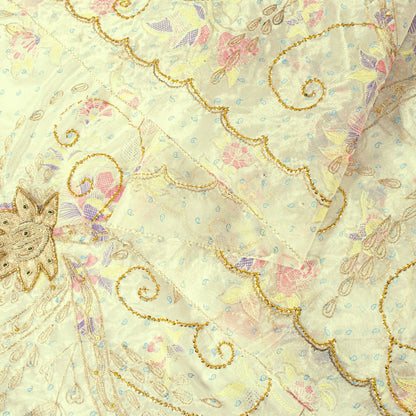 Sanskriti Vintage Cream Silk Organza Dupatta Floral Zari Embroidered Bead Stole