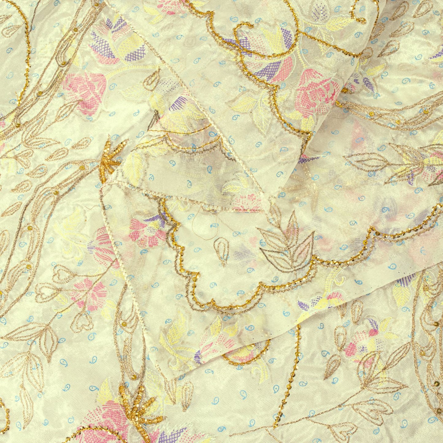 Sanskriti Vintage Cream Silk Organza Dupatta Floral Zari Embroidered Bead Stole