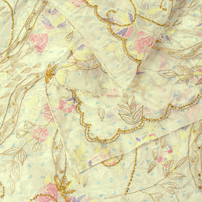 Sanskriti Vintage Cream Silk Organza Dupatta Floral Zari Embroidered Bead Stole