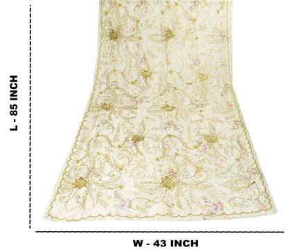Sanskriti Vintage Cream Silk Organza Dupatta Floral Zari Embroidered Bead Stole