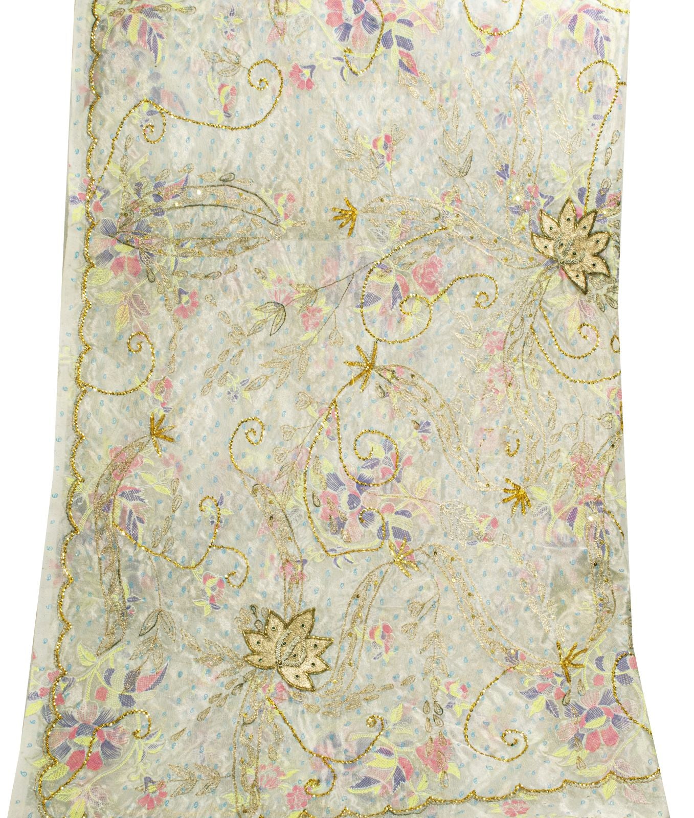 Sanskriti Vintage Cream Silk Organza Dupatta Floral Zari Embroidered Bead Stole