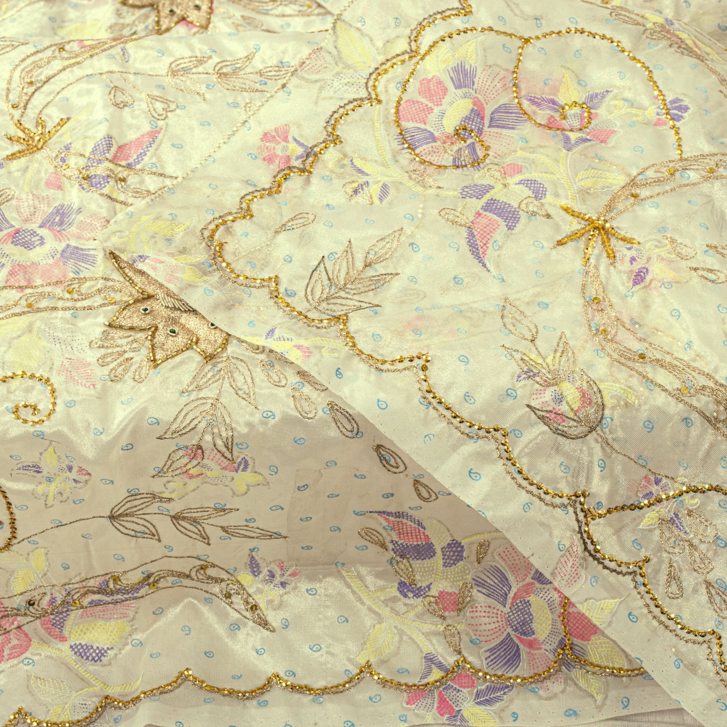 Sanskriti Vintage Cream Silk Organza Dupatta Floral Zari Embroidered Bead Stole