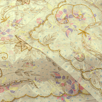 Sanskriti Vintage Cream Silk Organza Dupatta Floral Zari Embroidered Bead Stole