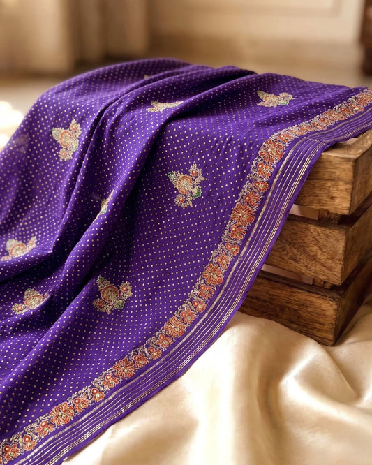 Sanskriti Vintage Purple Pure Silk Dupatta/Stole Brocade Woven-Handmade Zardozi