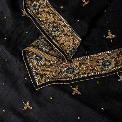 Sanskriti Vintage Soft Black Pure Chiffon Dupatta/Stole Handembroidery Zari Bead