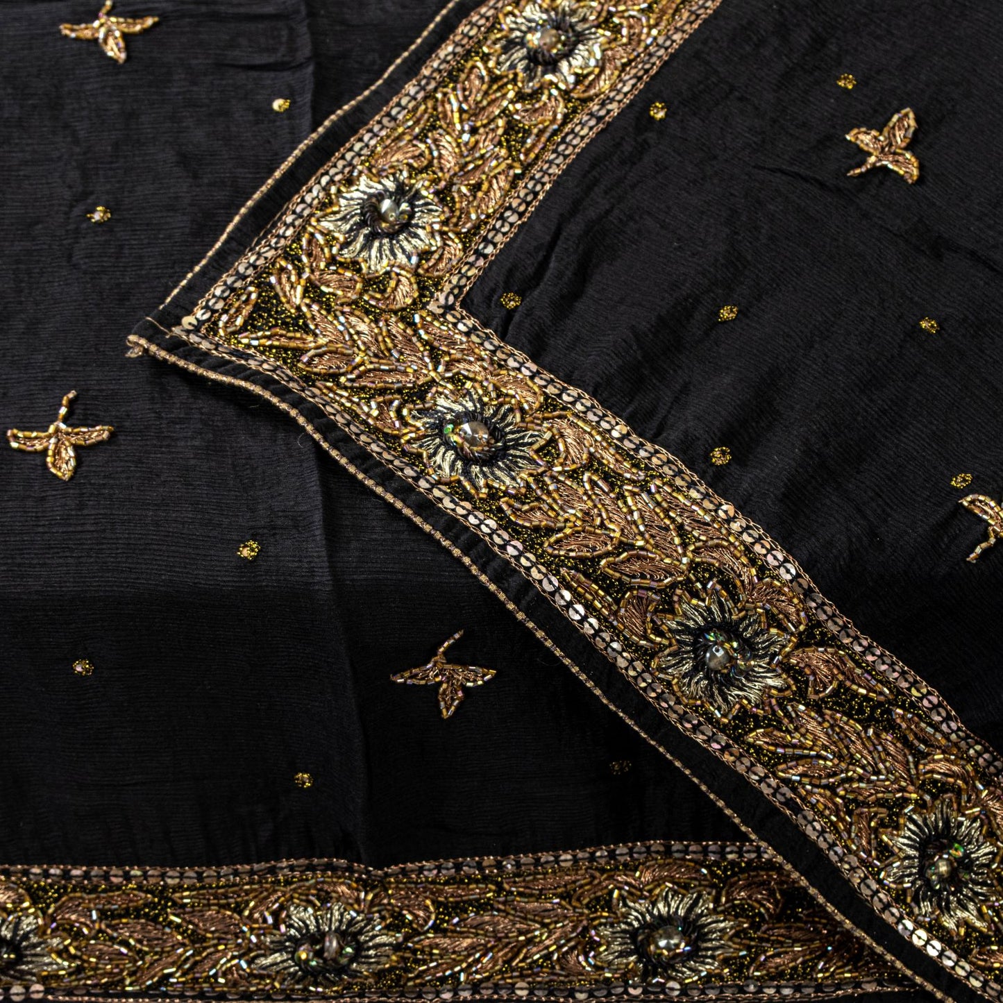 Sanskriti Vintage Soft Black Pure Chiffon Dupatta/Stole Handembroidery Zari Bead