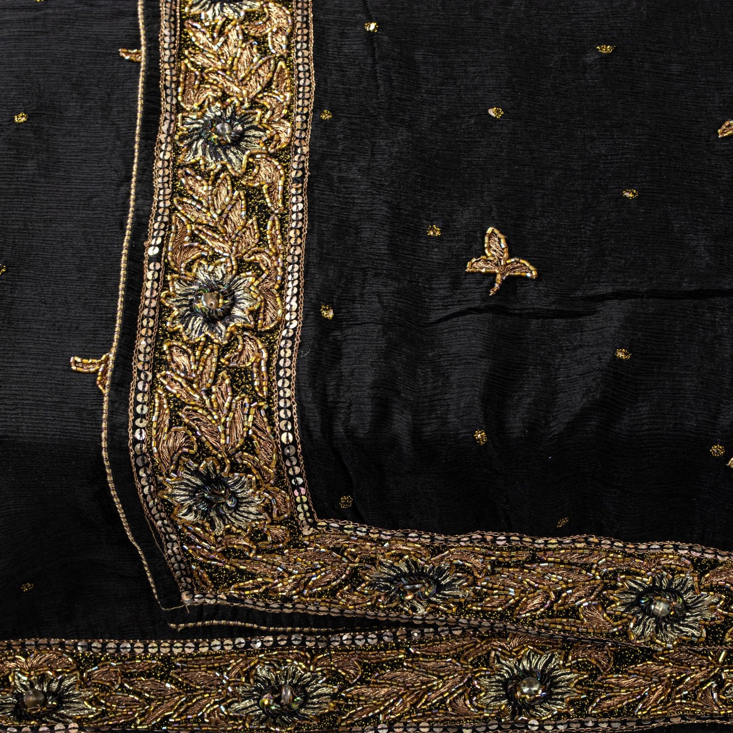 Sanskriti Vintage Soft Black Pure Chiffon Dupatta/Stole Handembroidery Zari Bead