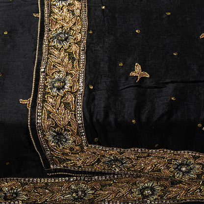 Sanskriti Vintage Soft Black Pure Chiffon Dupatta/Stole Handembroidery Zari Bead