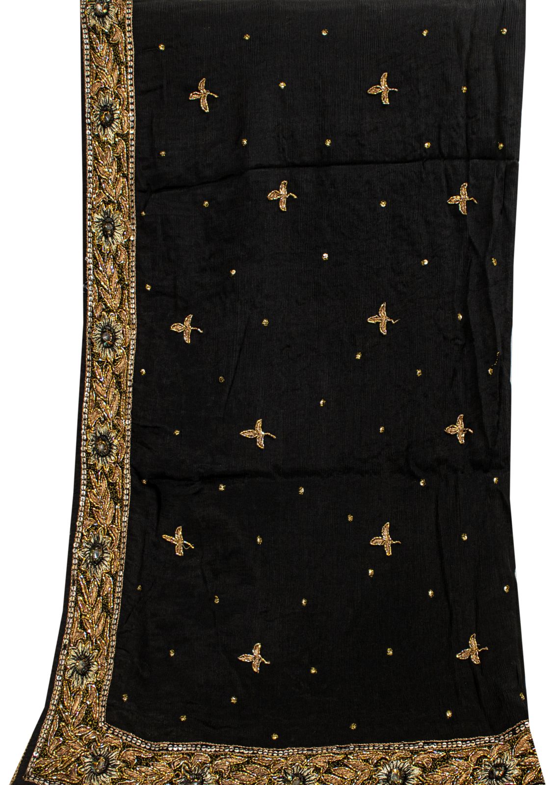 Sanskriti Vintage Soft Black Pure Chiffon Dupatta/Stole Handembroidery Zari Bead